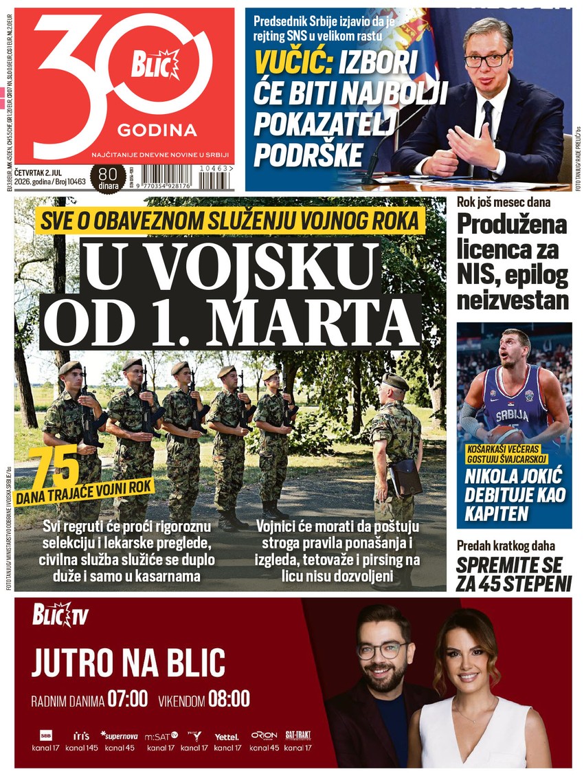 Blic naslovna strana za 2.7.