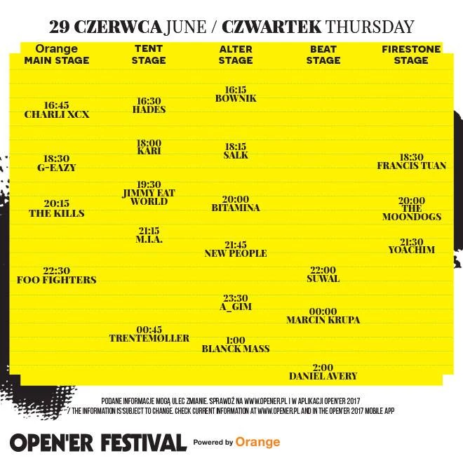 Open'er Festival 2017: rozpiska godzinowa na czwartek, 29 czerwca