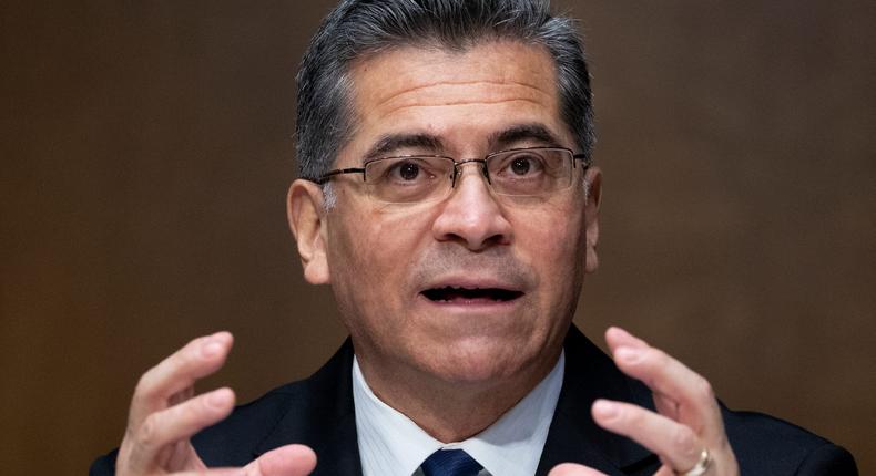 Xavier Becerra testifies during a Senate Finance Committee hearing on his nomination to become Secretary of Health and Human Services on February 24, 2021.

