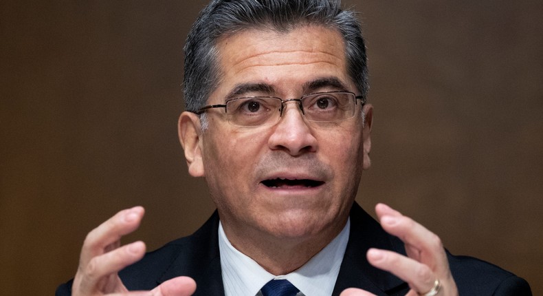 Xavier Becerra testifies during a Senate Finance Committee hearing on his nomination to become Secretary of Health and Human Services on February 24, 2021.
