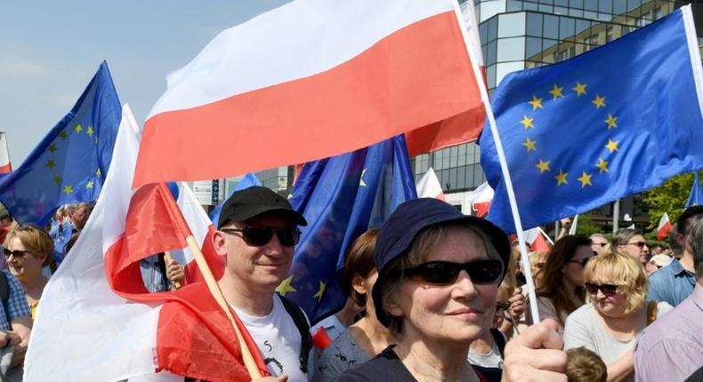 Demonstrators protest Poland's rightwing nationalist Law and Justice (PiS) government over alleged rule of law violations during a “Freedom March in Warsaw, on May 6, 2017