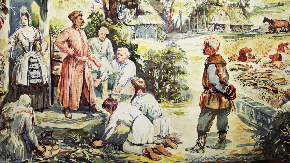 Pańszczyzna i wyzysk chłopów przez panów - reprodukcja ilustracji szkolnej z 1955 r.