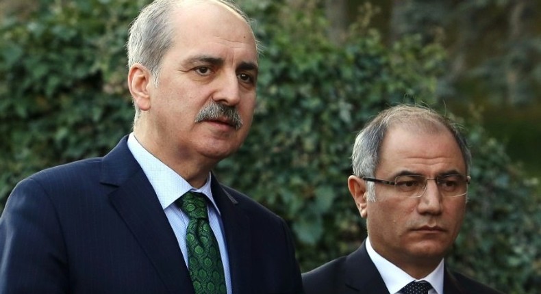 Turkish Deputy Prime Minister Numan Kurtulmus (L), pictured in January 2016, said it would be militarily and strategically smart to follow the current anti-Islamic State operation in Mosul with an anti-IS operation in Raqa