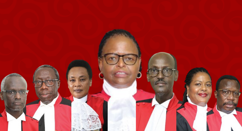 Kenya's Supreme Court judges (L-R): Justice Isaac Lenaola, Justice William Ouko, Deputy Chief Justice Philomena Mwilu, Chief Justice Martha Koome, Justice Mohamed Ibrahim, Justice Njoki Ndung'u and Justice Smokin Wanjala