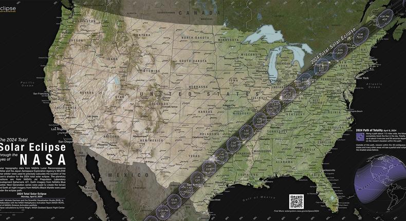 A map showing where the moon's shadow will cross the US during the 2024 total solar eclipse.NASA's Scientific Visualization Studio