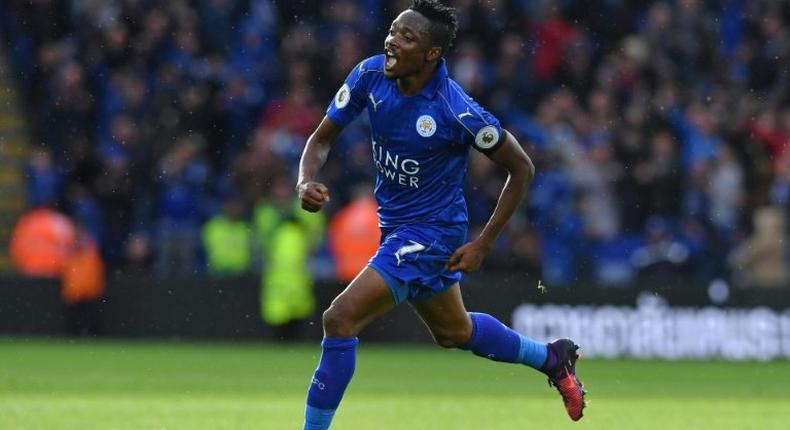 Leicester City's midfielder Ahmed Musa celebrates after scoring the opening goal of the English Premier League football match between Leicester City and Crystal Palace at King Power Stadium in Leicester, central England on October 22, 2016