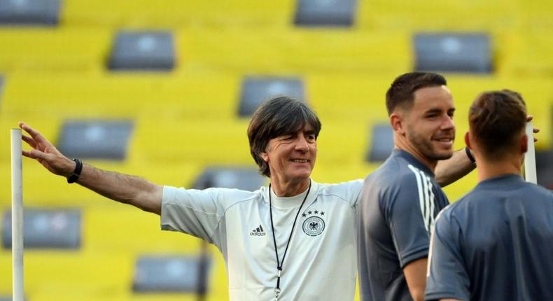 Germany coach Joachim Loew (C) oversees training on Monday in Munich Creator: FRANCK FIFE