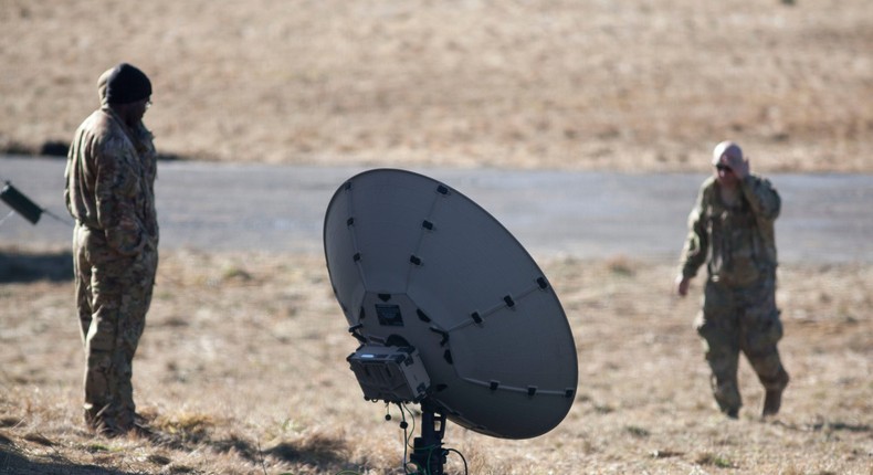 American soldiers sent to the Polish-Ukrainian border in connection with the crisis in Ukraine stand near radar near arlamow on February 24, 2022.