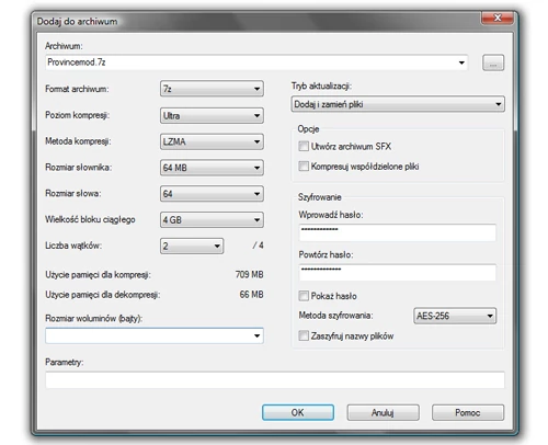 Plik pakowany programem 7-zip można zabezpieczyć przy pomocy klucza AES-256 bit