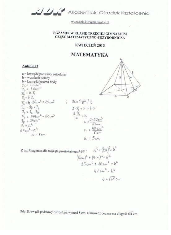 Egzamin gimnazjalny z matematyki. Zadanie otwarte nr 23