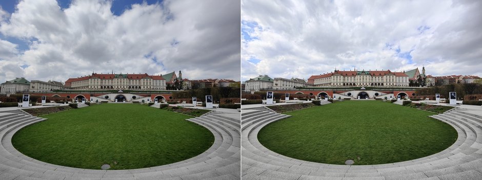 Zdjęcie szerokokątne wykonane w jakości 50 MP (po lewej) oraz interpolowany do tej samej rozdzielczości standardowy kadr szerokokątny 12,5 MP (kliknij, aby powiększyć)