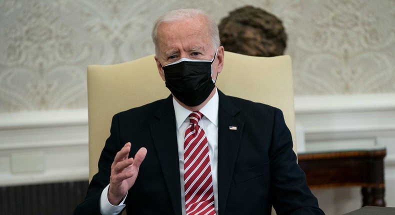 President Joe Biden speaks during a meeting with labor leaders in the Oval Office of the White House, Wednesday, Feb. 17, 2021, in Washington
