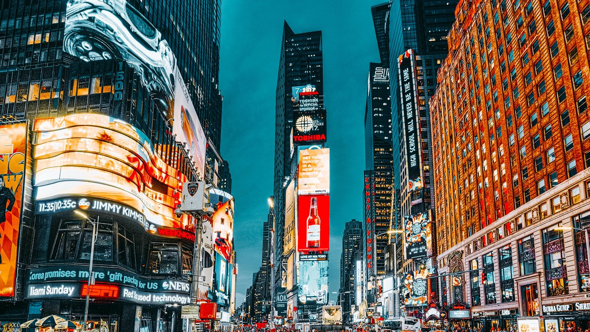 Night view of Times Square-central and main square of New York. USA. 