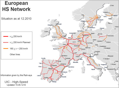 Europejskie koleje dużych prędkości (MAPA) - stan na 12.2010. Źródło: UIC