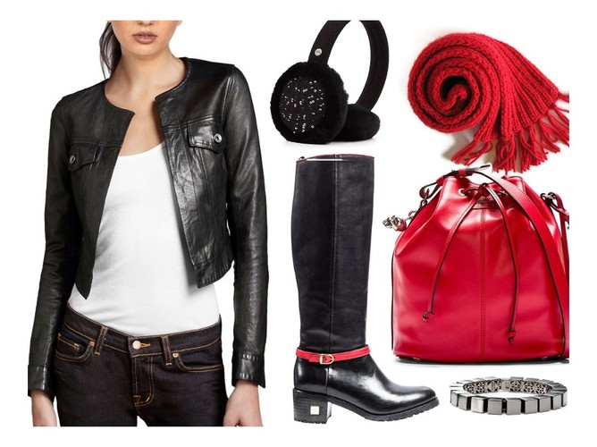 Skórzana kurtka Guess, kozaki Carinii, torba-worek Alexander McQueen, szal Queendom