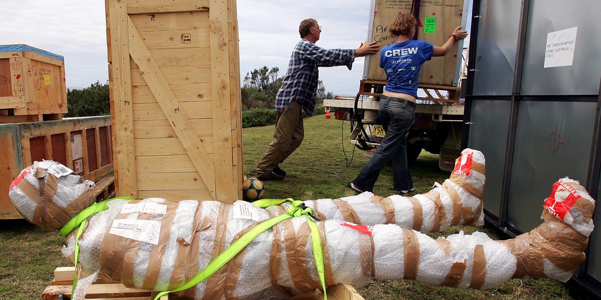 A bubble-wrapped figure lies on a palette as workers make preparations for the "Sculpture by the Sea" art event in Sydney.