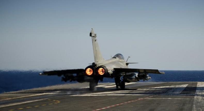 A Marine Rafale jet fighter departs from the French aircraft carrier Charles de Gaulle on the Mediterranean Sea in October 2016
