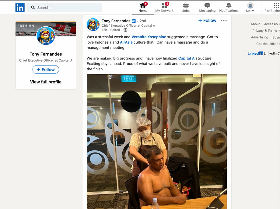 Fernandes opublikował na LinkedIn zdjęcie, na którym poddaje się masażowi podczas spotkania biznesowego