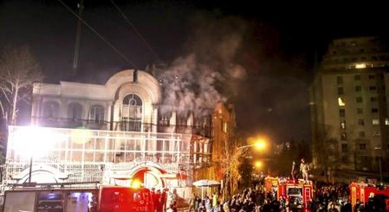 Flames rise from Saudi Arabias embassy during a demonstration in Tehran January 2, 2016. Iranian protesters stormed the Saudi Embassy in Tehran early on Sunday morning as Shiite Muslim Iran reacted with fury to Saudi Arabias execution of a prominent Shiite cleric.