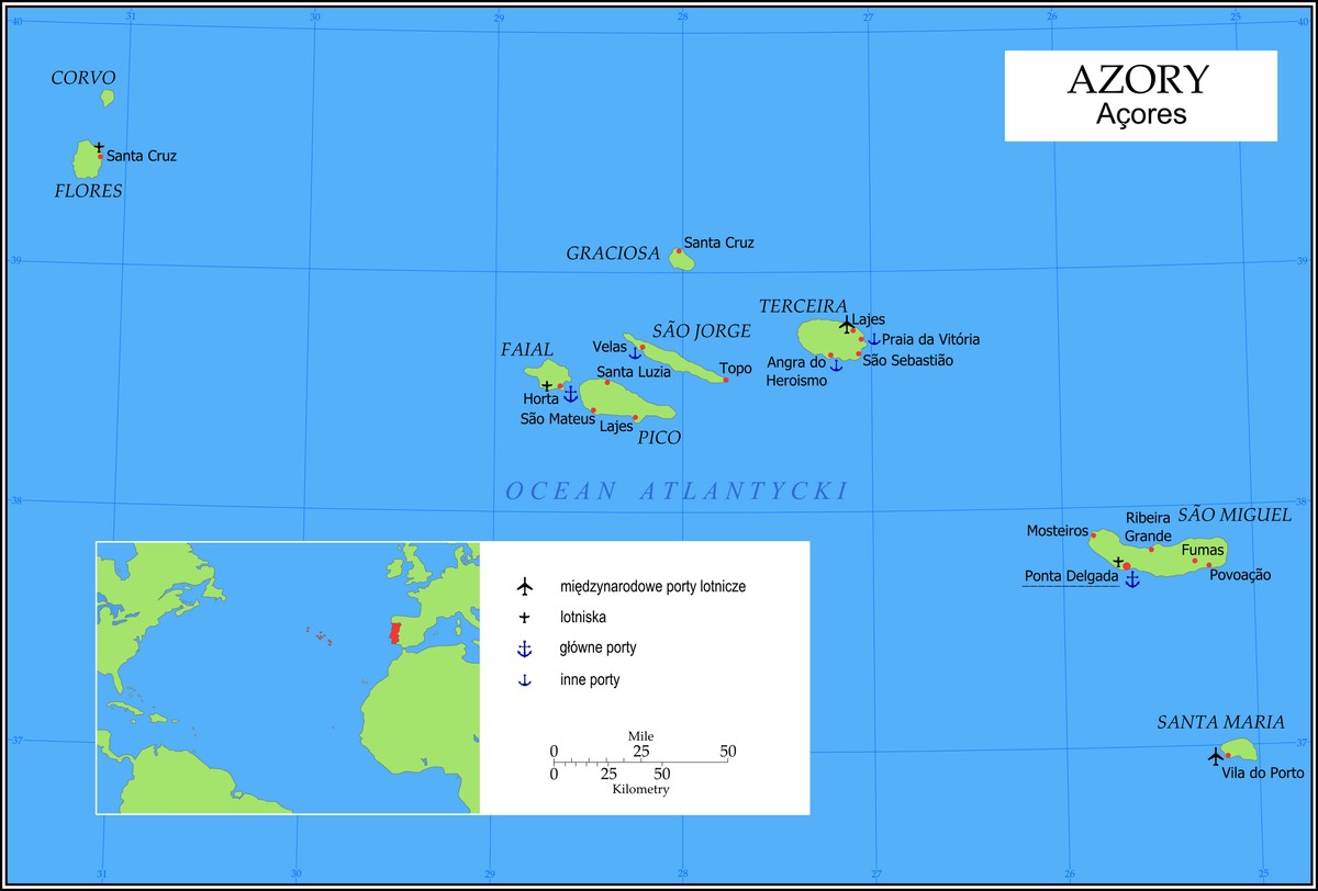 Archipelag Azorów na Oceanie Atlantyckim. Autor: Krzysztof - Praca własna przy użyciu Inkscape, CC BY-SA 3.0