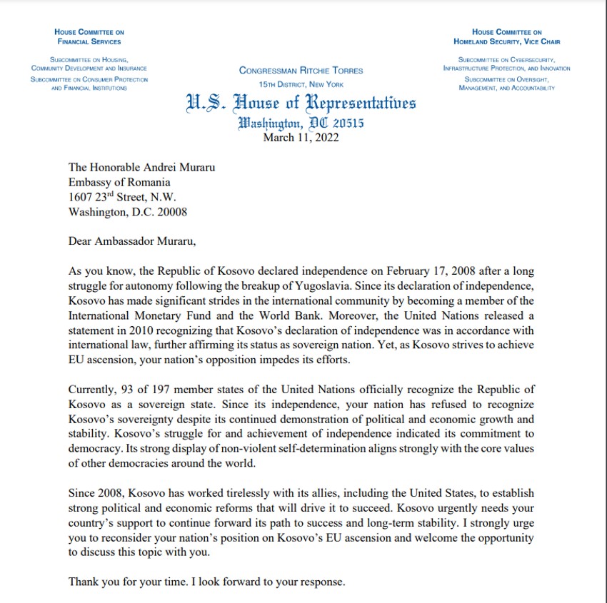 Pismo Ričarda Toresa ambasadorima pet zemalja Evropske unije