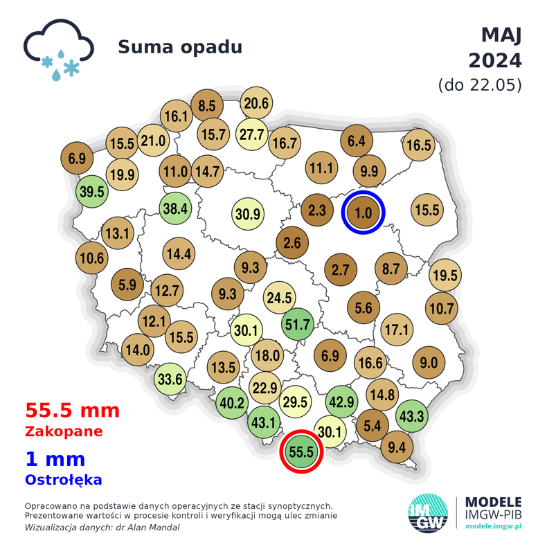 Suma opadów w Polsce do 22 maja