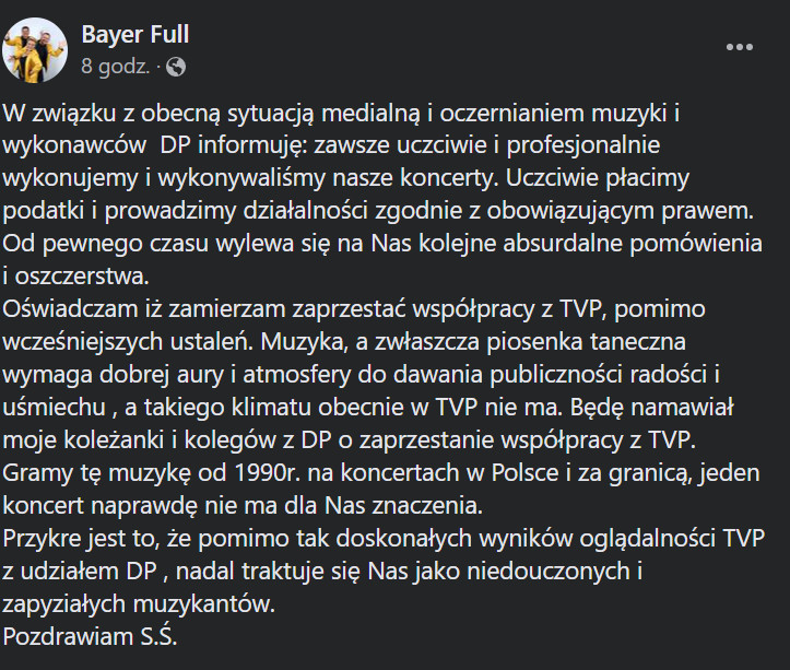 Oświadczenie grupy Bayer Full na Facebooku