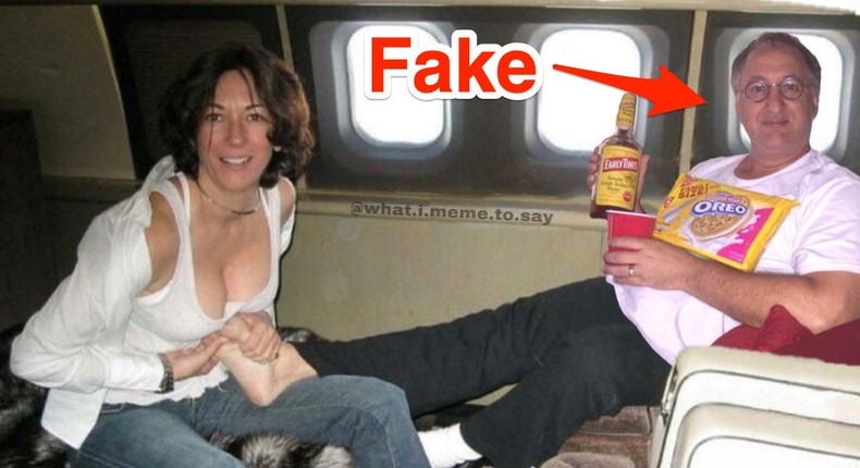 A digitally altered photo of Jeffrey Epstein and Ghislaine Maxwell that replaced Epstein's body with the judge who approved Trump's search warrant