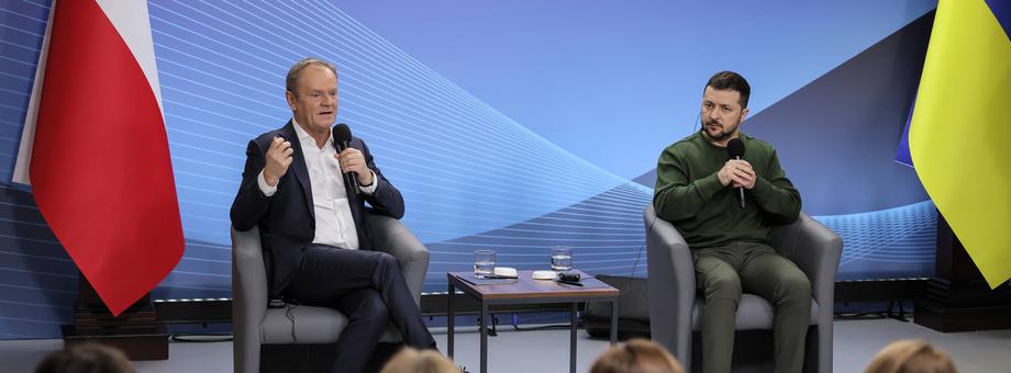 Donald Tusk i Wołodymyr Zełenski podczas spotkania ze studentami uniwersytetu w Kijowie