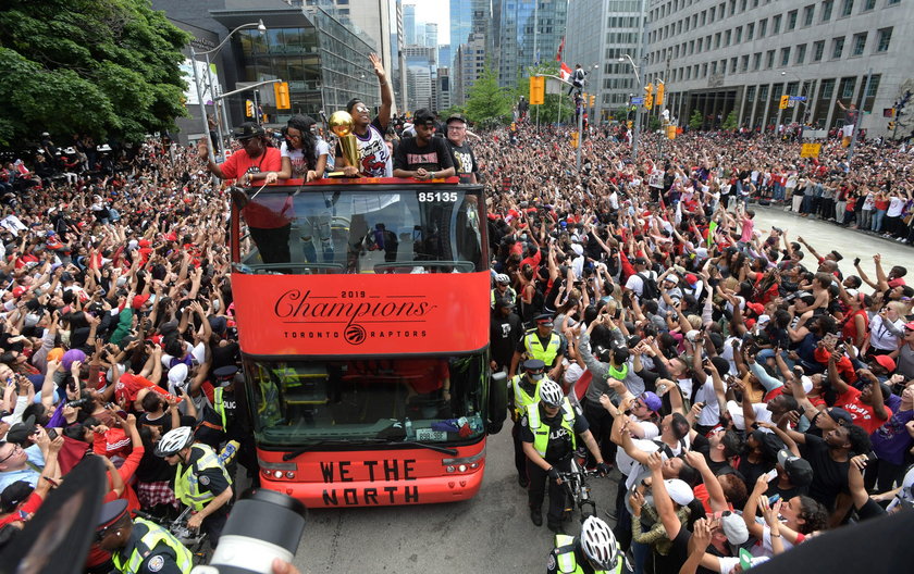 Toronto Raptors celebrate during their victory parade in Toronto