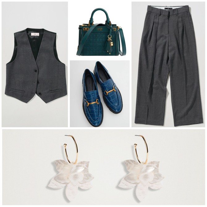 Prsluk i pantalone „Mango“, minđuše „Parfois“,  tašna „Guess“, mokasine „Reserved“