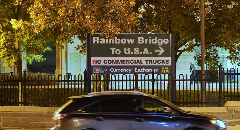 A vehicle turns onto the Rainbow Bridge border crossing in Niagara Falls, Ontario.GEOFF ROBINS/AFP via Getty Images