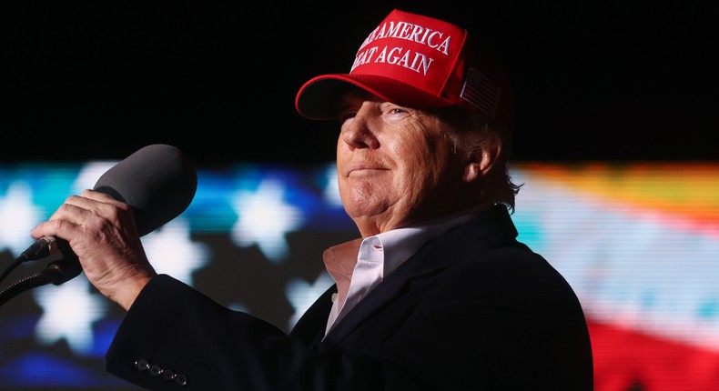 Former President Donald Trump prepares to speak at a rally at the Canyon Moon Ranch festival grounds on January 15, 2022 in Florence, Arizona.