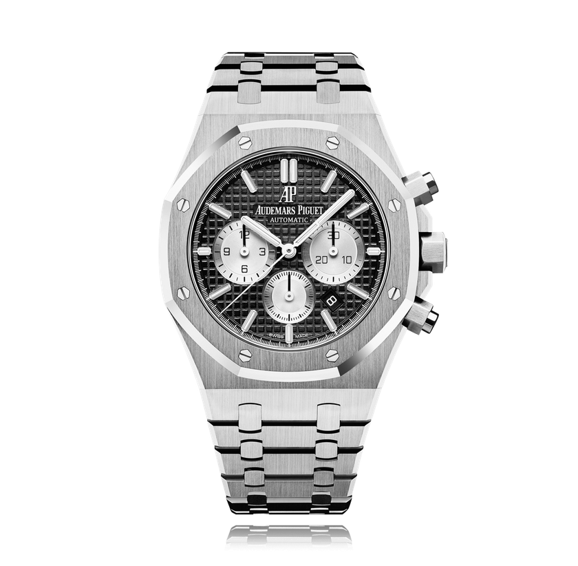 Silberne «Royal Oak»-Armbanduhr mit schwarzem Ziffernblatt von Audemars Piguet für 30'300 Franken, via Bucherer.