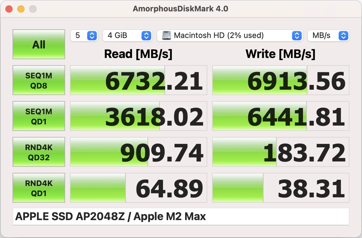 Apple MacBook Pro 14” (2023) – CrystalDiskMark 8 – szybkość nośnika SSD