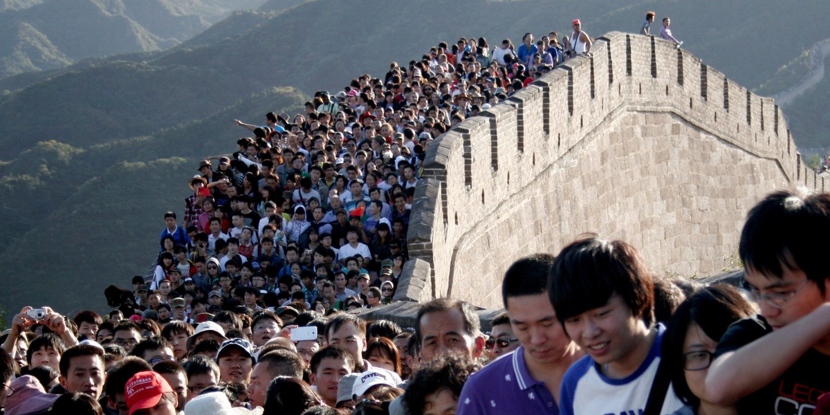 Tourists gather on the Great Wall outside Beijing.