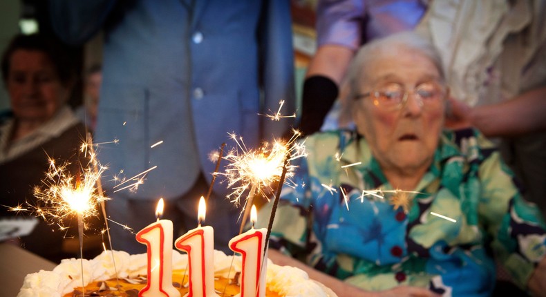 Odette Ambulher celebrates her 111th birthday in a retirement home in the French village of Laigne-en-Belin in October 2012.
