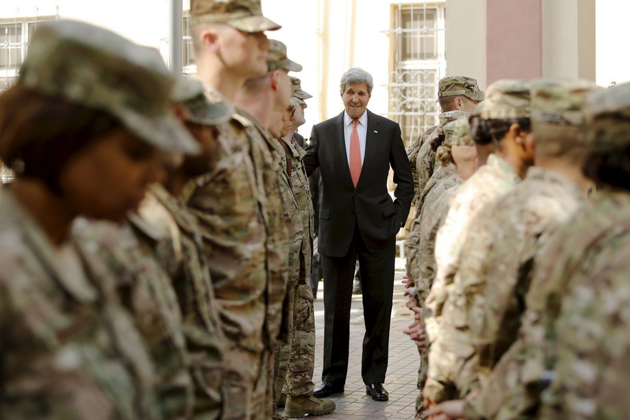 AFGHANISTAN: Kerry meets US military personnel at Resolute Support Headquarters in Kabul April 9, 2016.