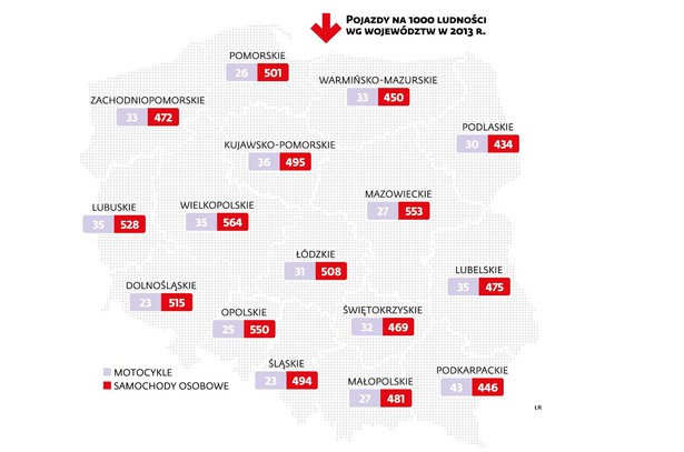 Liczba pojazdów na 1000 mieszkańców w woj.