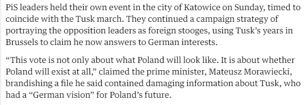 "The Guardian" — "Opposition leader Donald Tusk cheered by crowds at Warsaw election rally"