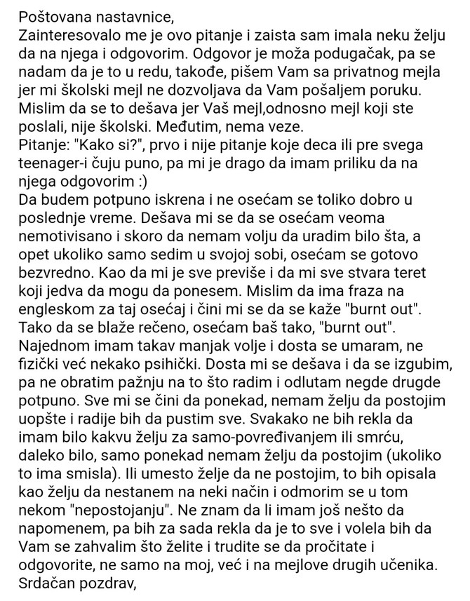 Poruke koje su đaci poslali nastavnici građanskog vaspitanja 