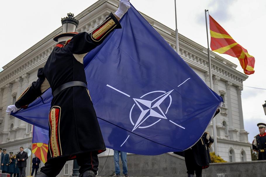 NATO flag hoisted alongside Macedonian flag at government building in Skopje