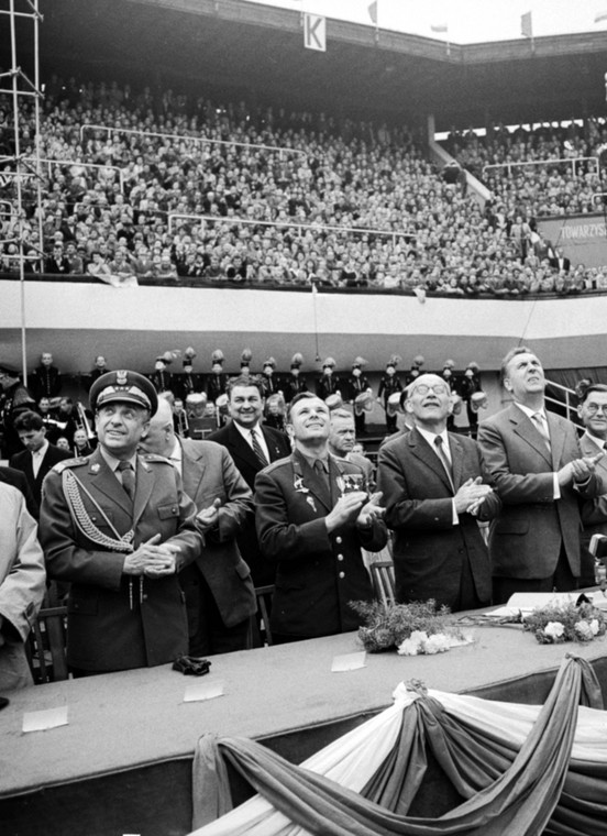 Marian Spychalski, Jurij Gagarin, Władysław Gomułka, Edward Gierek (Katowice, 21 lipca 1961 r.)