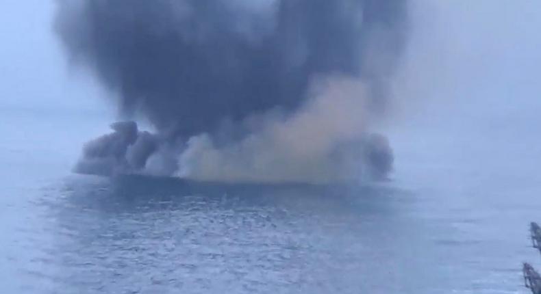 A still image from video, released by Russia's Defense Ministry, shows what it said to be the exploding Ukrainian uncrewed speedboat that attacked the Russian warship Ivan Khurs in the Black Sea near the Bosphorus strait.Russian Defence Ministry/Handout via REUTERS