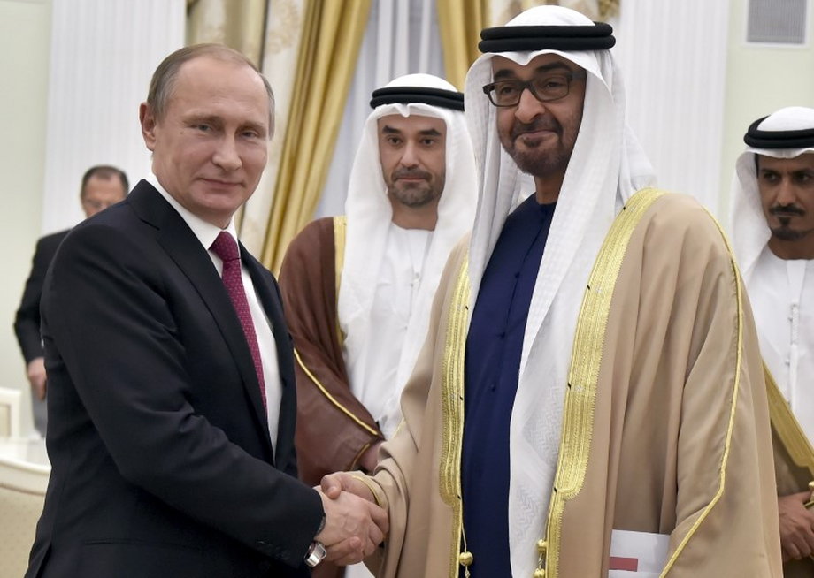 Russian President Vladimir Putin shakes hands with Sheikh Mohammed bin Zayed al-Nahyan, Crown Prince of Abu Dhabi and UAE's deputy commander-in-chief of the armed forces, in Moscow.
