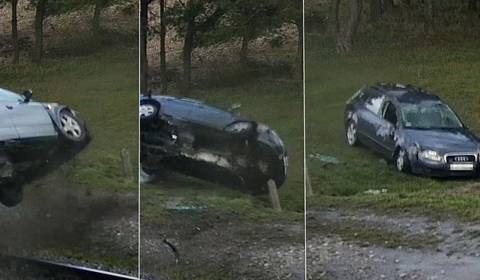 Przeleciał Audi przez tory. Dachował i wyszedł z tego bez szwanku. Policjanci natychmiast ustalili przyczynę [WIDEO]