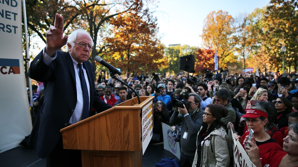 Former Democratic presidential candidate Senator Sanders speaks during a Capitol Hill rally in Washi