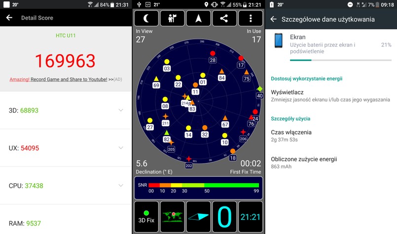 HTC U11 - AnTuTu Benchmark, GPS test, działanie baterii