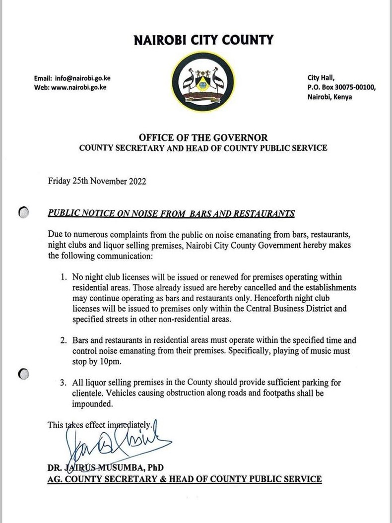 A notice dated November 25, 2022 by the Nairobi County revoking licenses of night clubs outside CBD