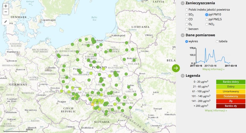 Stężenie pyłu PM10 - 2017-03-18 od godziny 04:00 do 05:00